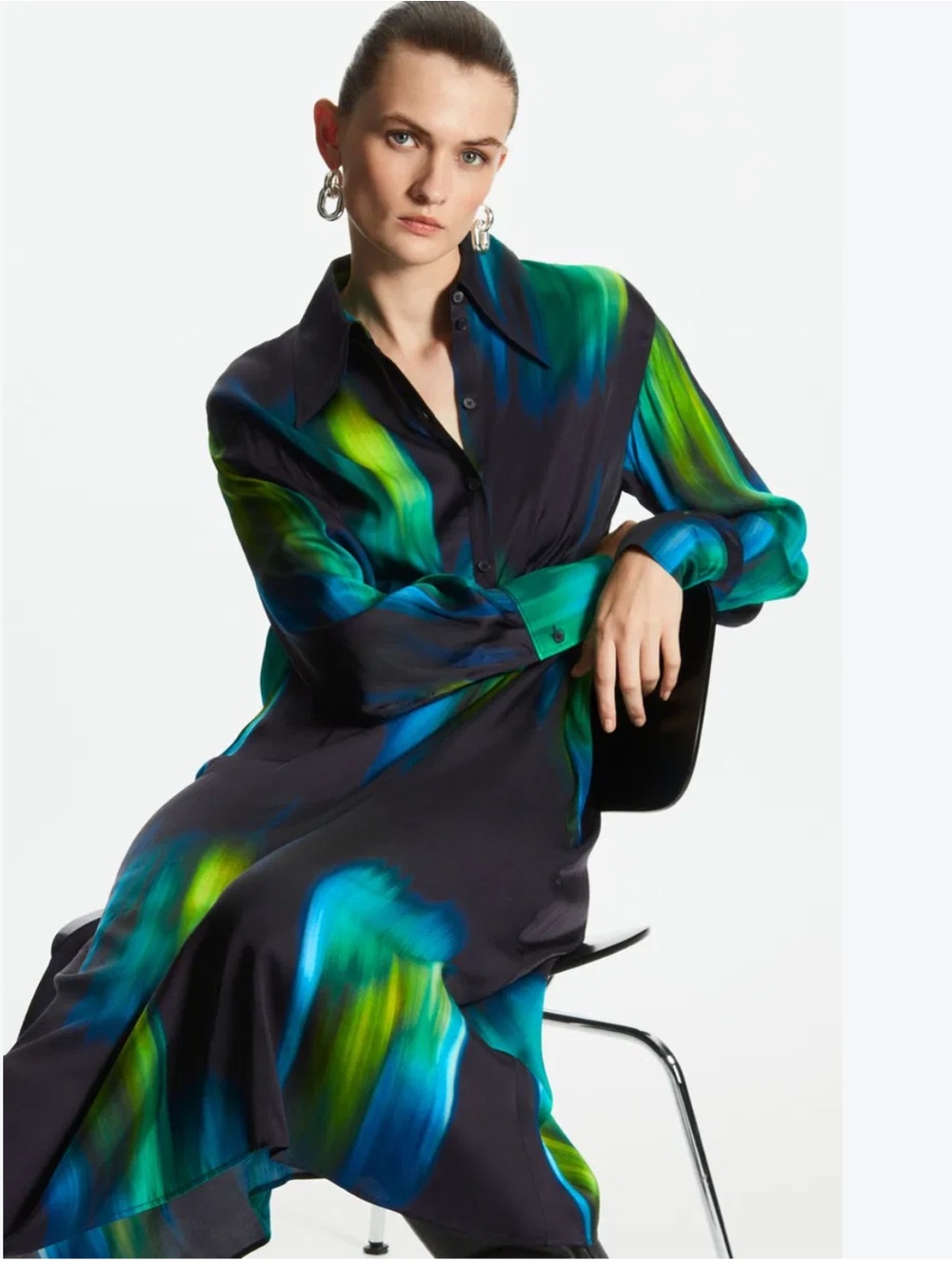 COS Printed Midi Shirt Dress in Blue & Green Size 4
